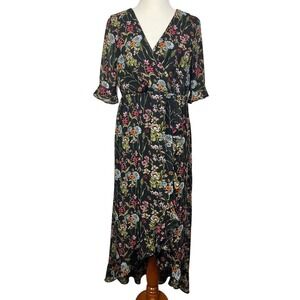 Jonathan Martin Black Floral V Neck Ruffle High/Low Maxi Dress Whimsy Fairy L